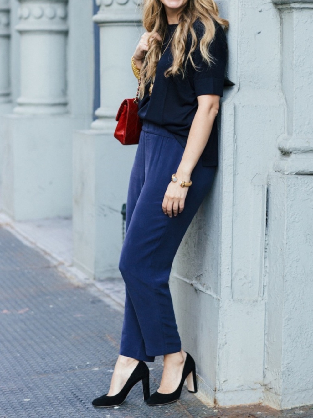 Navy Silk Elastic Waist Pants